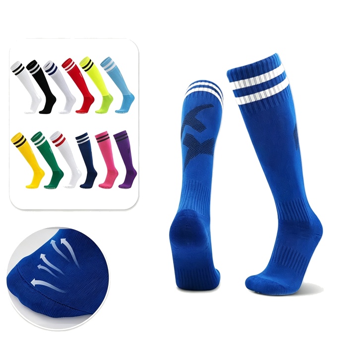 Knee High Striped Soccer Socks, Thickened Terry Cushion Bottom Anti-Slip Sweat Wicking Over-the-Knee Football Socks for Adults & Kids